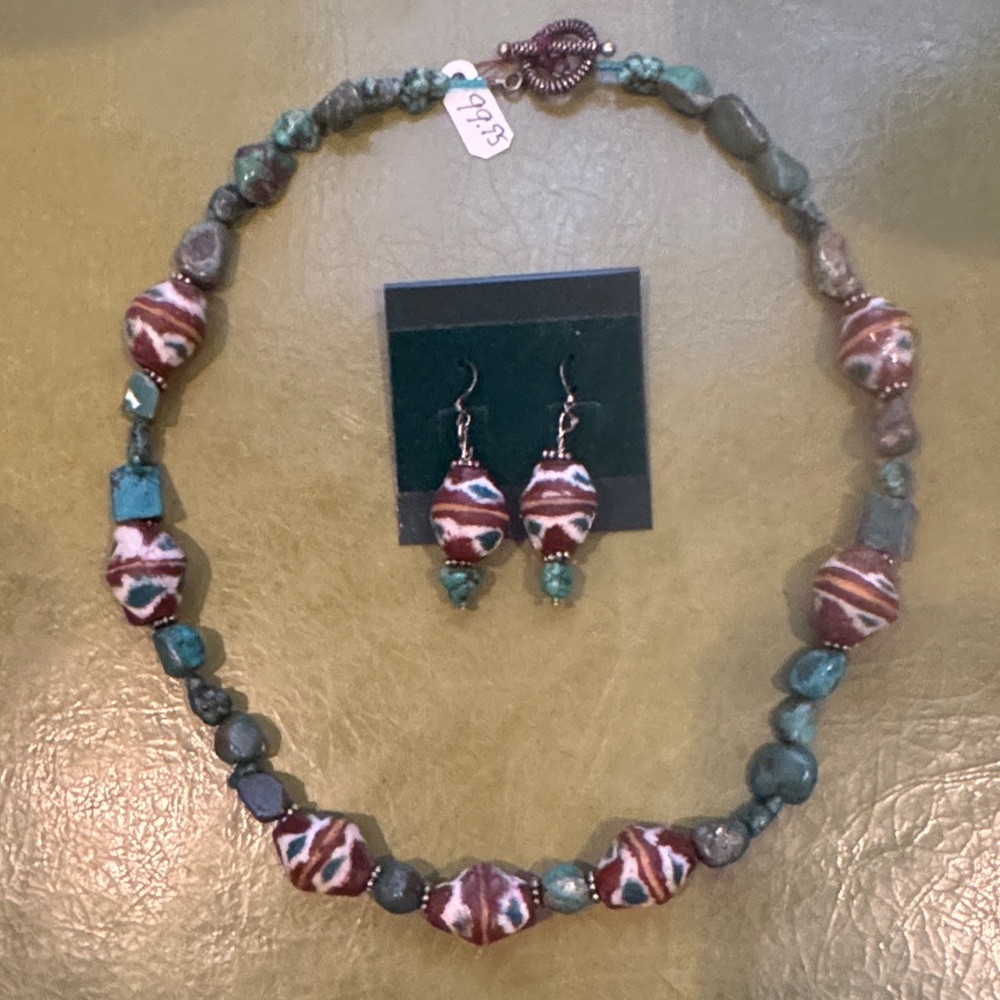 Elegant Turquoise and Brown antique trade bead Beaded Necklace and Earring Set